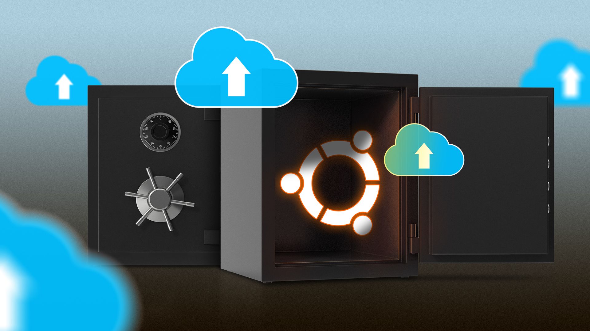 A safe with the Ubuntu logo inside and backup icons around it.