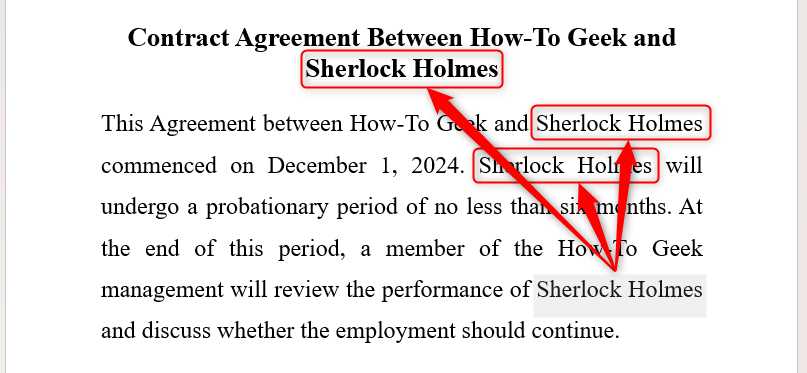 A sample contract agreement, with the name of the employee changed throughout by adjusting one of the fields containing the employee's name.