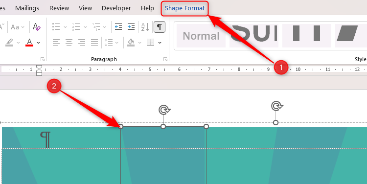 A template in Microsoft Word whose background is made up of a series of shapes, made evident by a single constituent being selected.