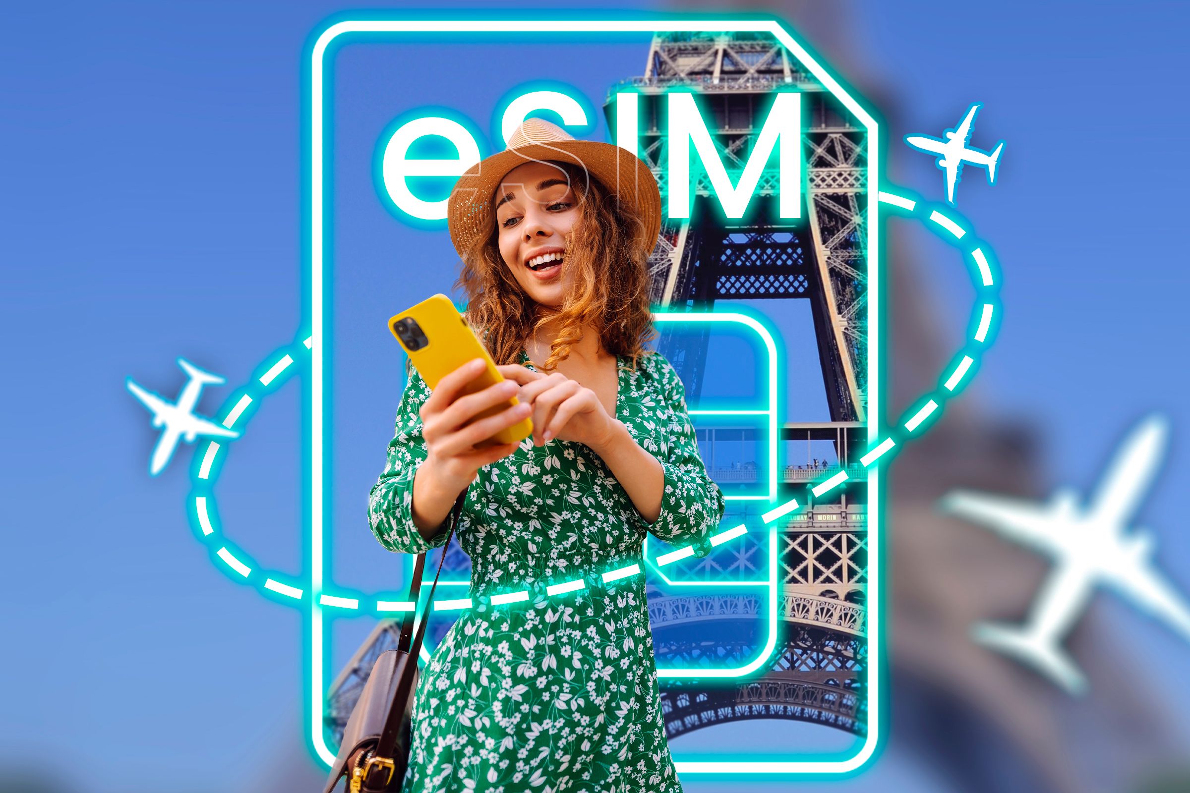 A tourist at the Eiffel Tower using her phone with an e-SIM icon behind her.