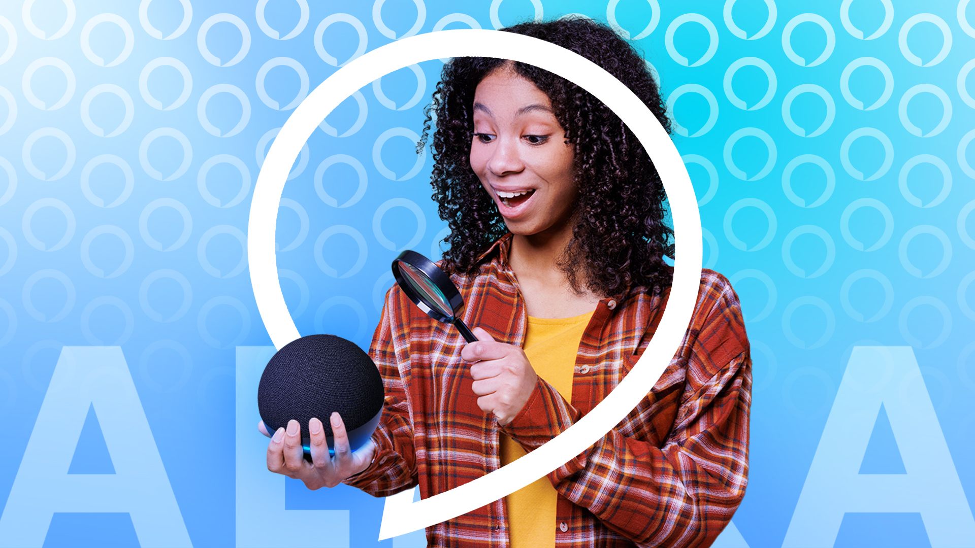 A woman holding an Echo Dot with a magnifying glass pointed at it.