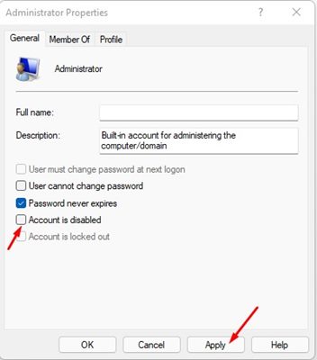uncheck the Account is disabled option