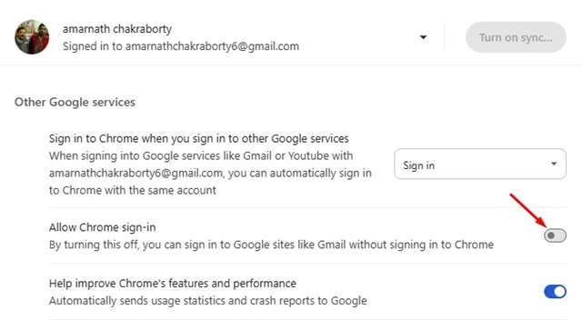 Disable the Allow Chrome Sign-in