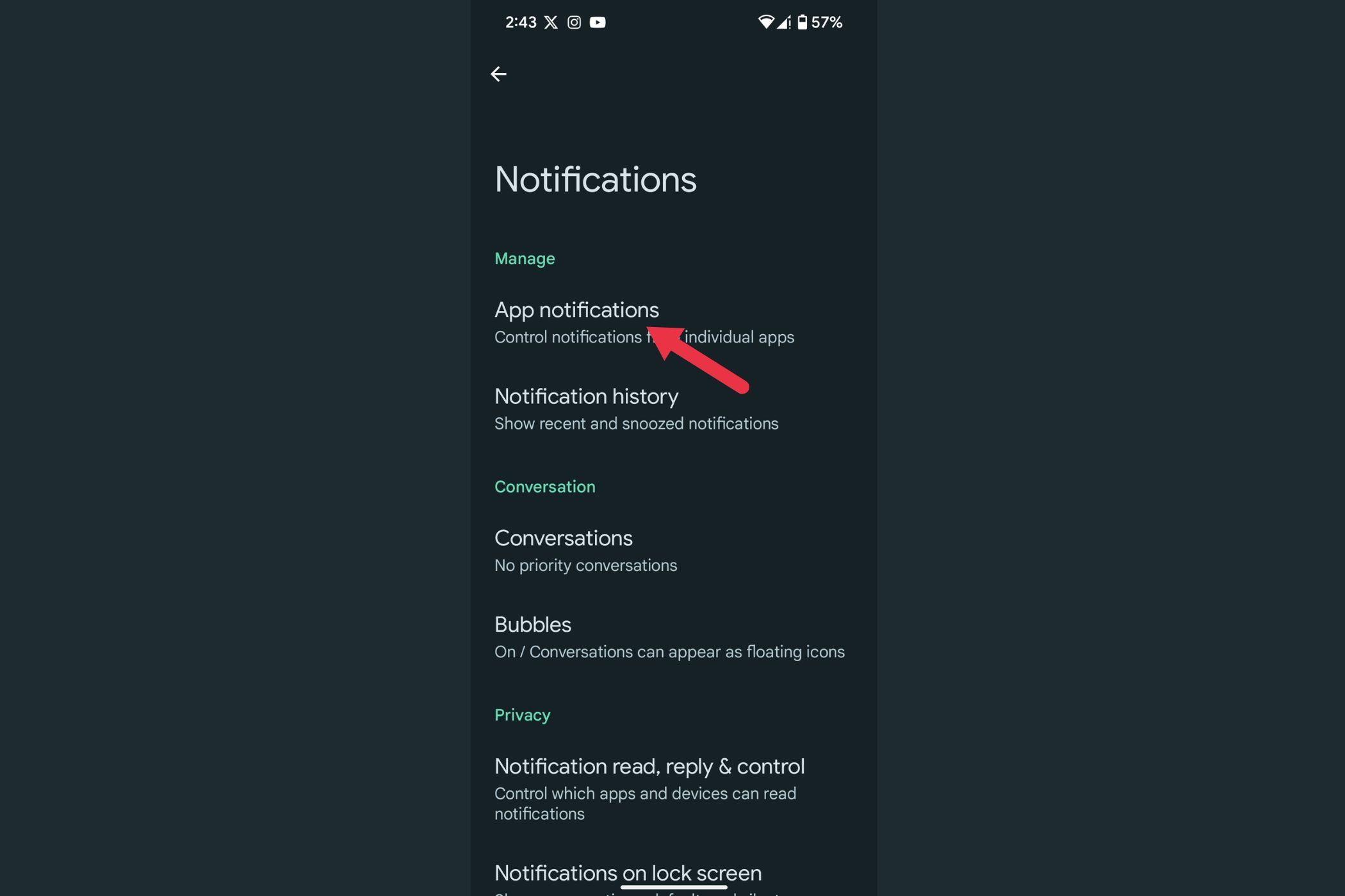 An arrow highlighting the App notifications menu