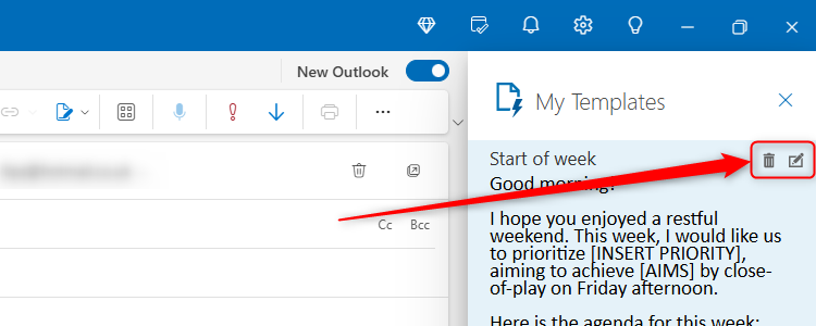 An email template in the new Outlook's My Templates pane, with the trash and edit icons highlighted.