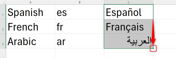 An Excel sheet containing the names of three languages in English, their language codes, and their translations into their respective languages.-2