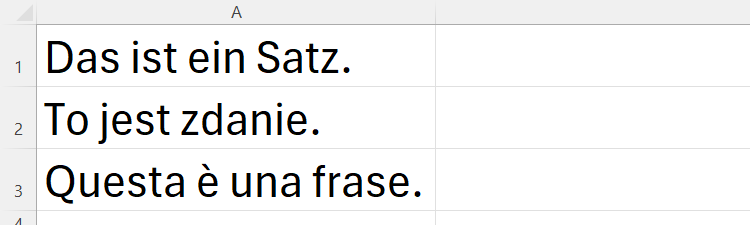 An Excel sheet containing three foreign-language sentences in cells A1 to A3.