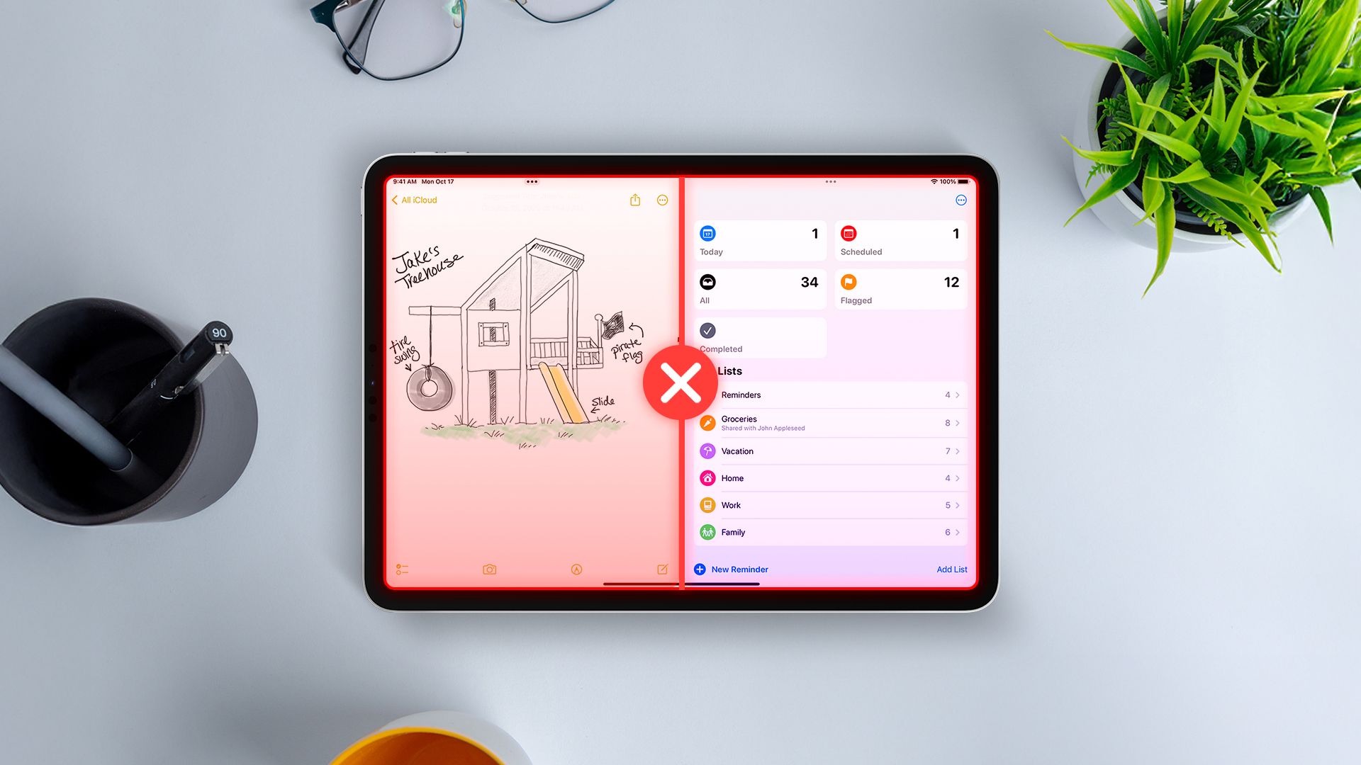 An iPad with the multitasking feature and an 'X' in the center.