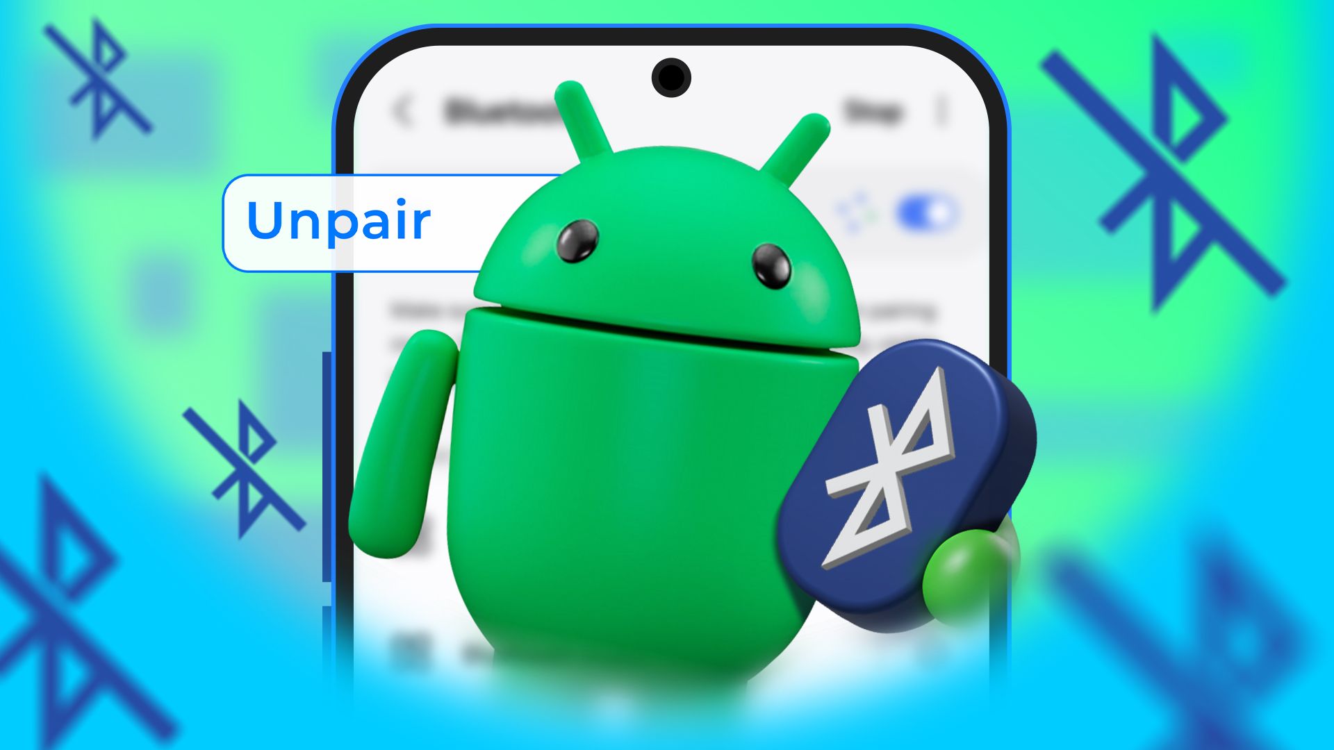 Android mascot on a phone screen holding the Bluetooth icon with 'unpair' written next to it.