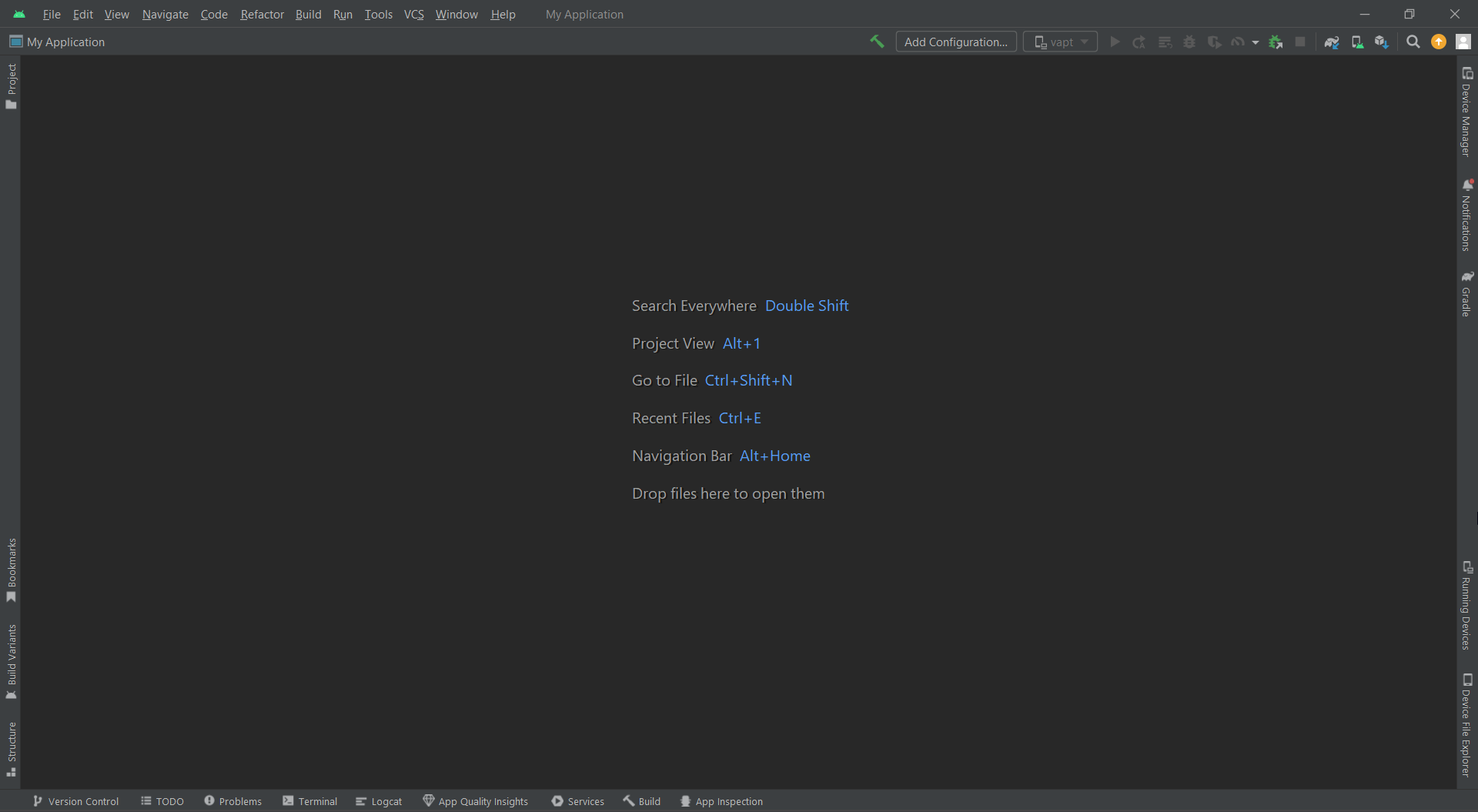 The Android Studio main interface when the application is launched completely.