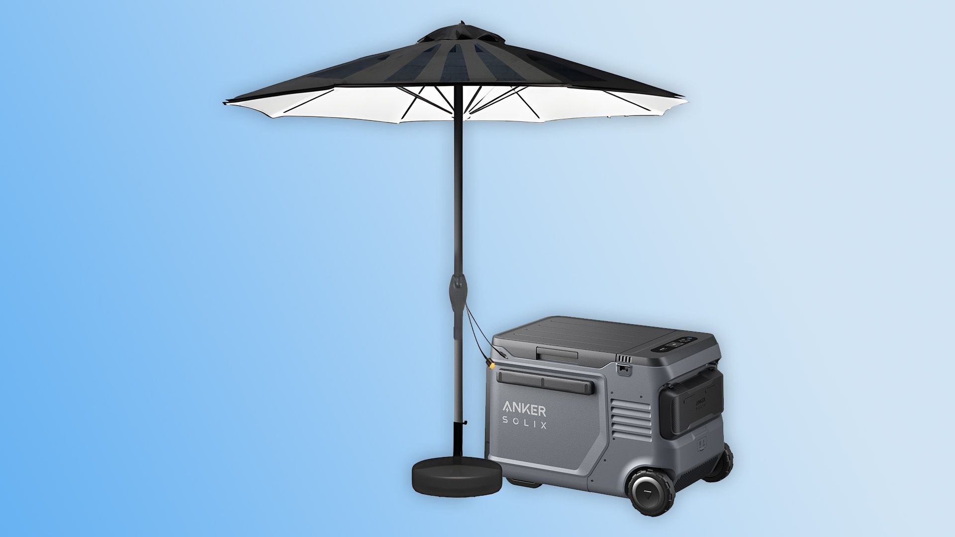 Anker SOLIX Solar Beach Umbrella next to cooler