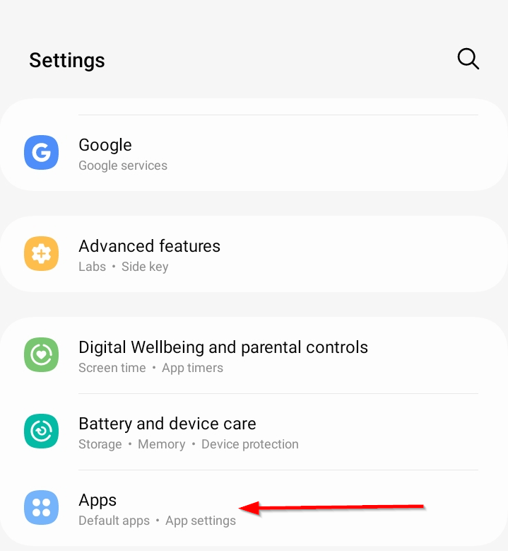 Apps settings page in the Settings menu