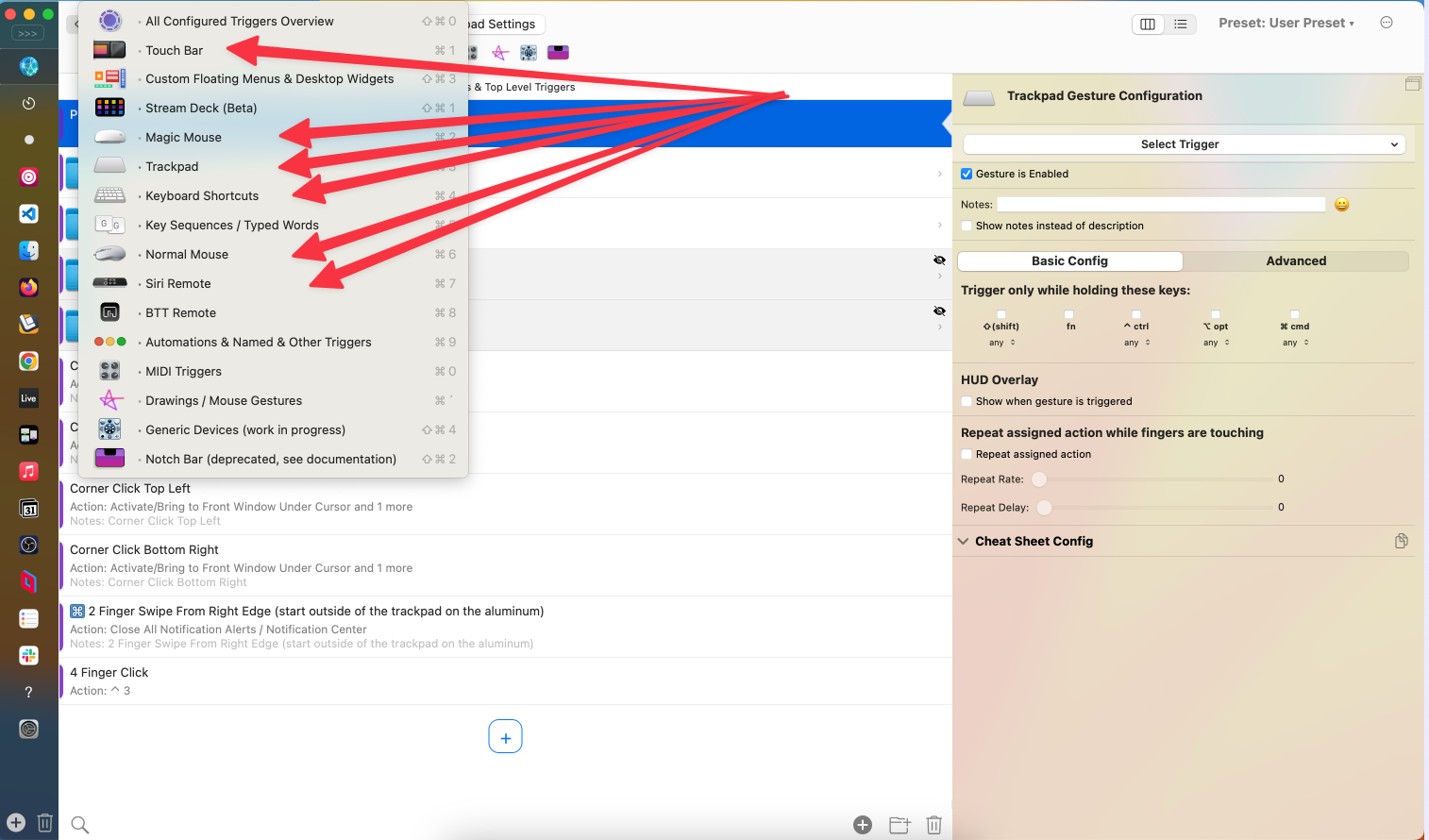 Better Touch Tool's specific input config menu choices.