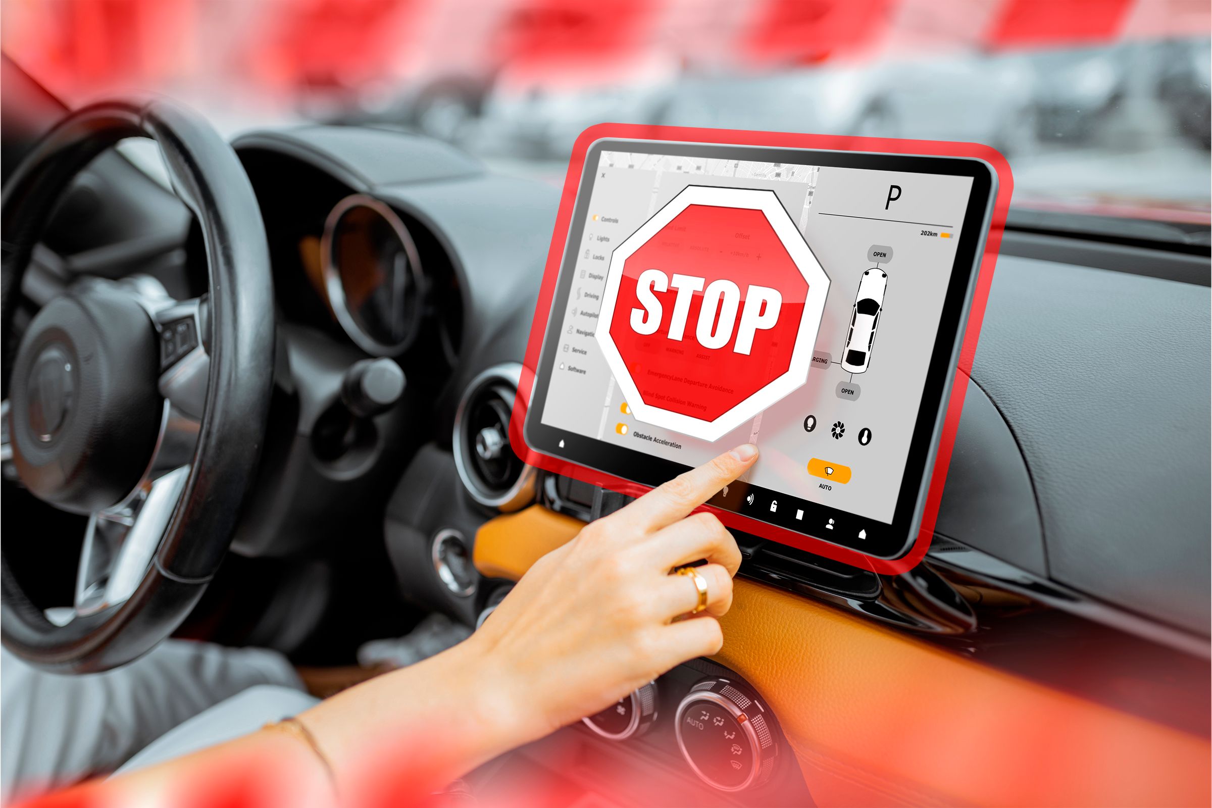 Car dashboard with a 'stop' sign.