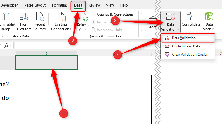 Cell B1 is selected in Excel, and the Data Validation option is selected via the Data tab on the ribbon.