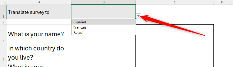 Cell B2 in an Excel sheet contains a drop-down option which, when activated, displays the words Spanish, French, and Arabic in their respective languages.