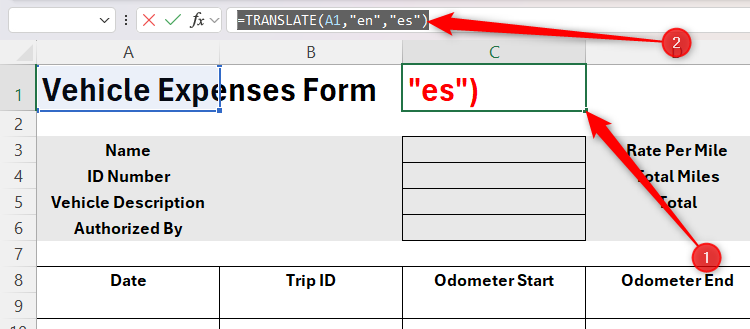 Cell C1 in Excel, which contains the TRANSLATE function, is activated, and the formula in the formula bar is selected and copied.