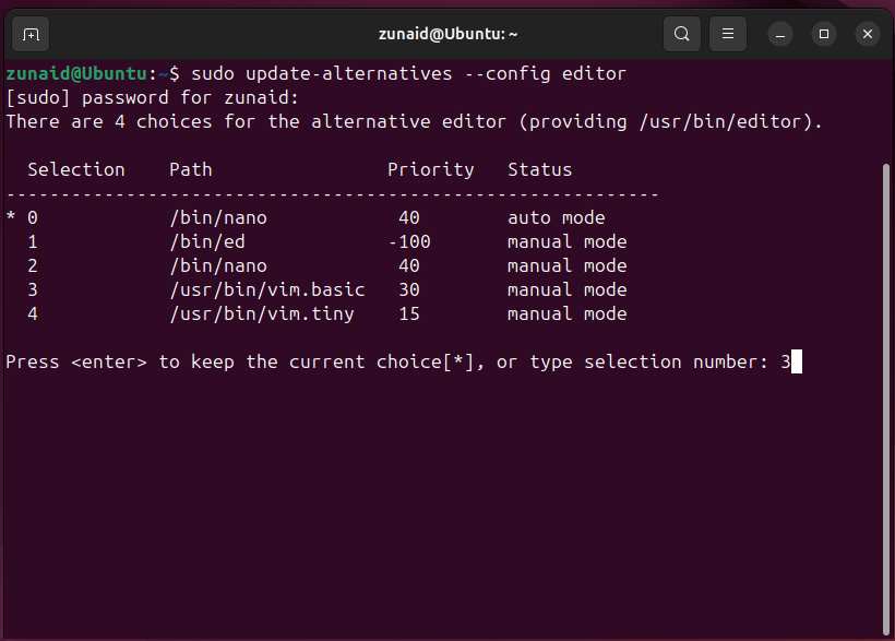 Changing the default editor on Linux using the update-alternatives command.