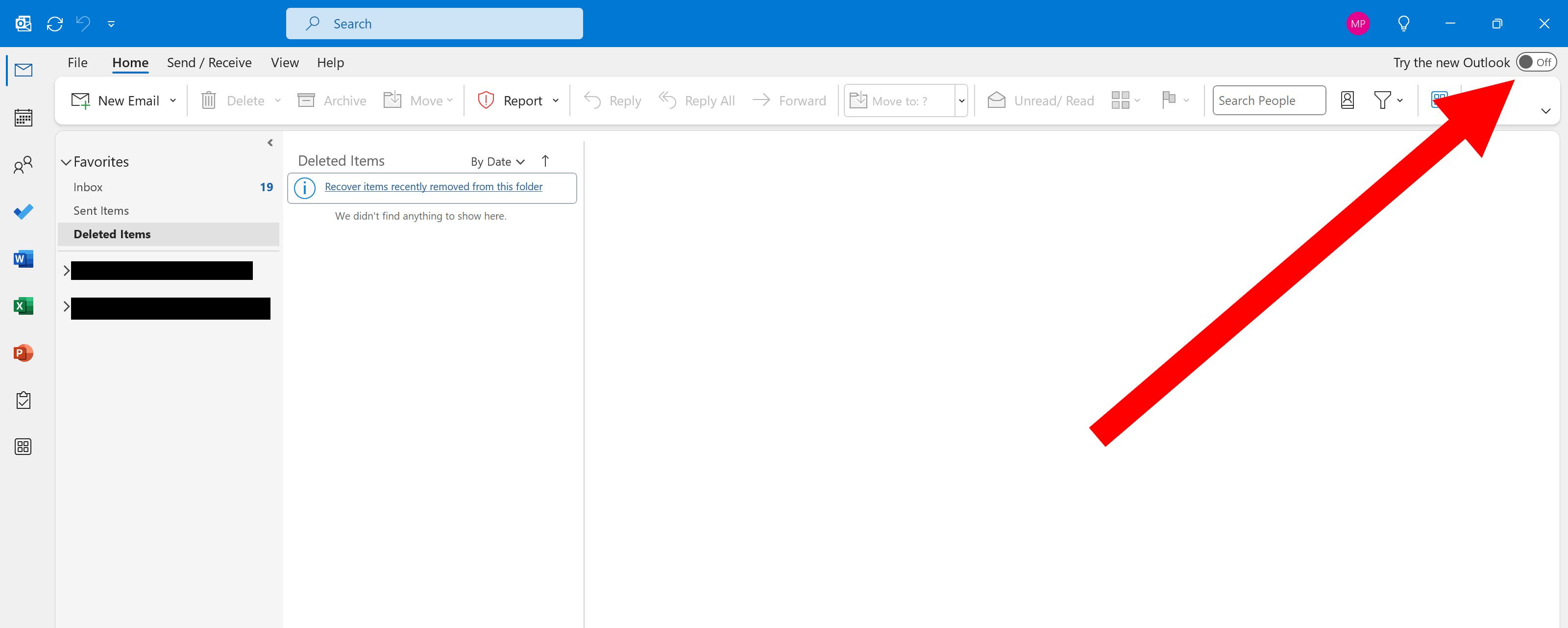 A red arrow pointing to the "Try the new Outlook" option in Outlook Classic.