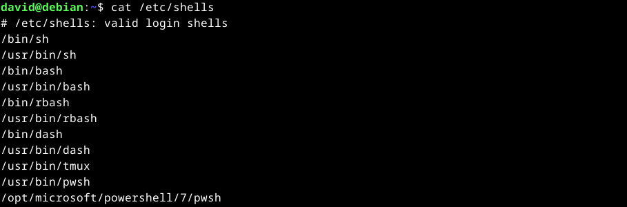 Output of cat /etc/sheels, showing multiple sheels installed on a Linux system.