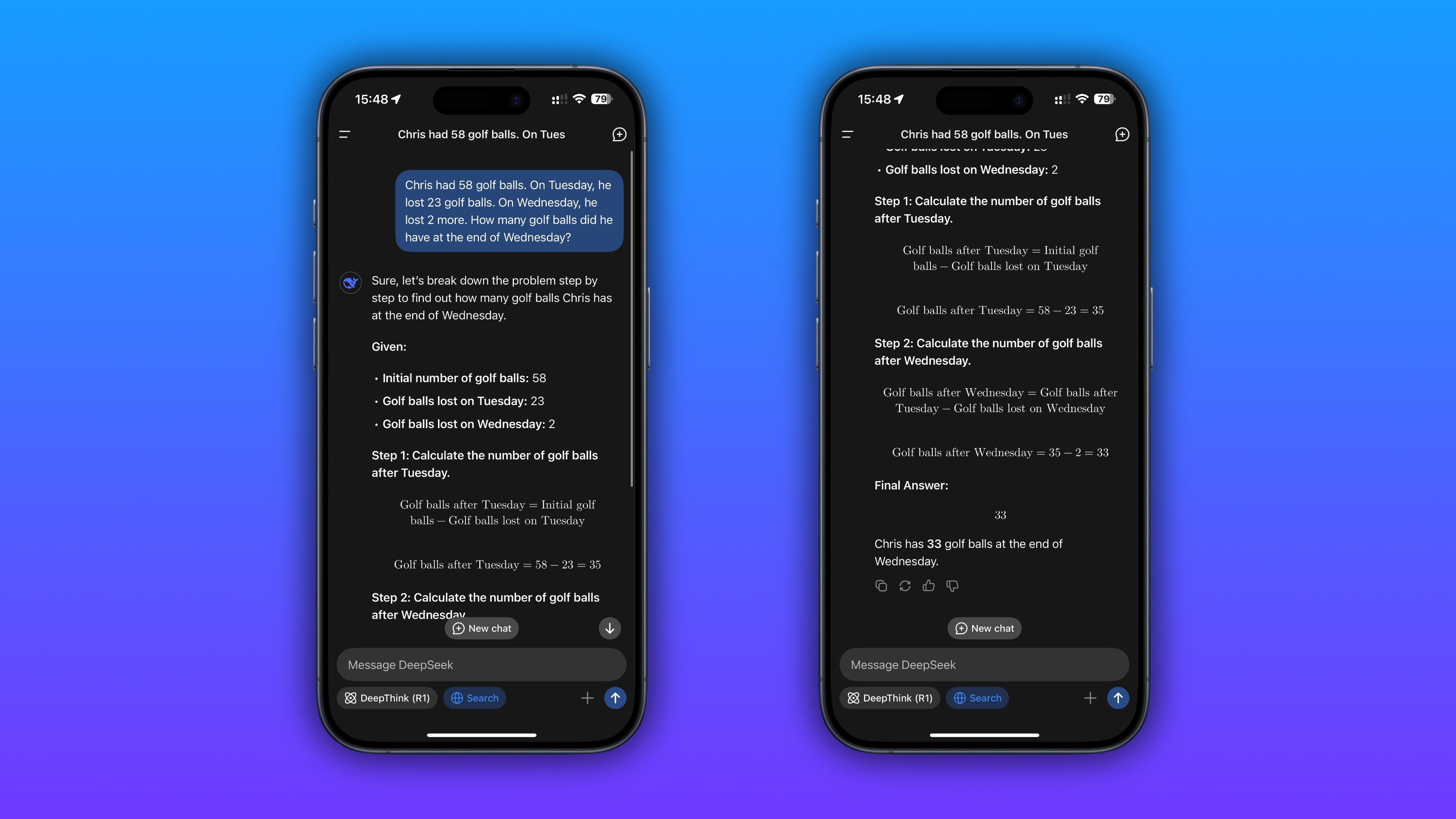 Two framed iPhone screenshots showing off DeepSeek's reasoning model solving a mathematical problem.