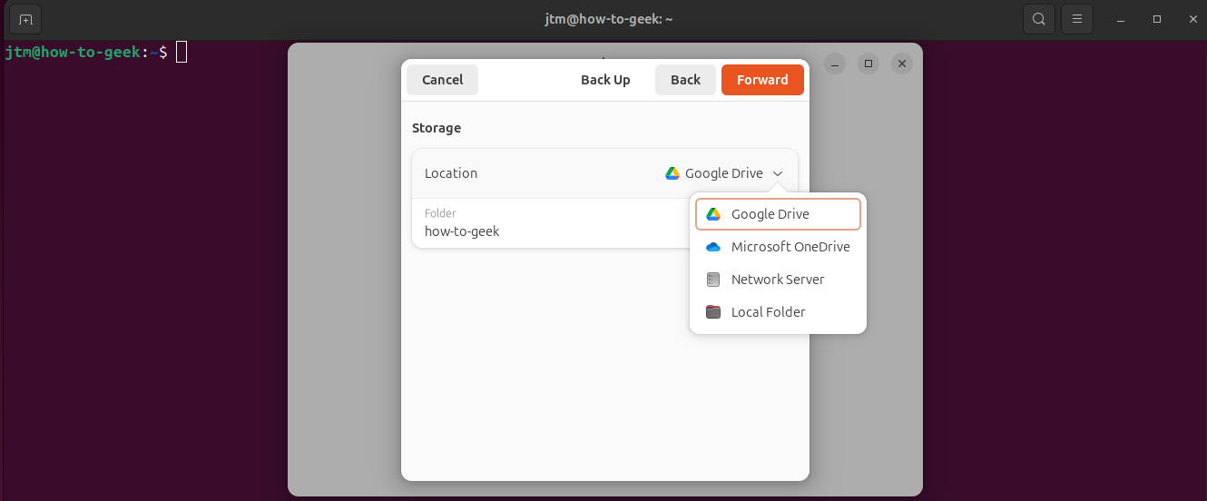 Deja Dup backup dialog showing backup destination location options