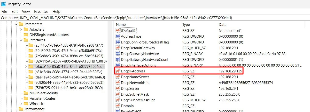 DhcpIPAdrdress String Value in the Registry Editor.