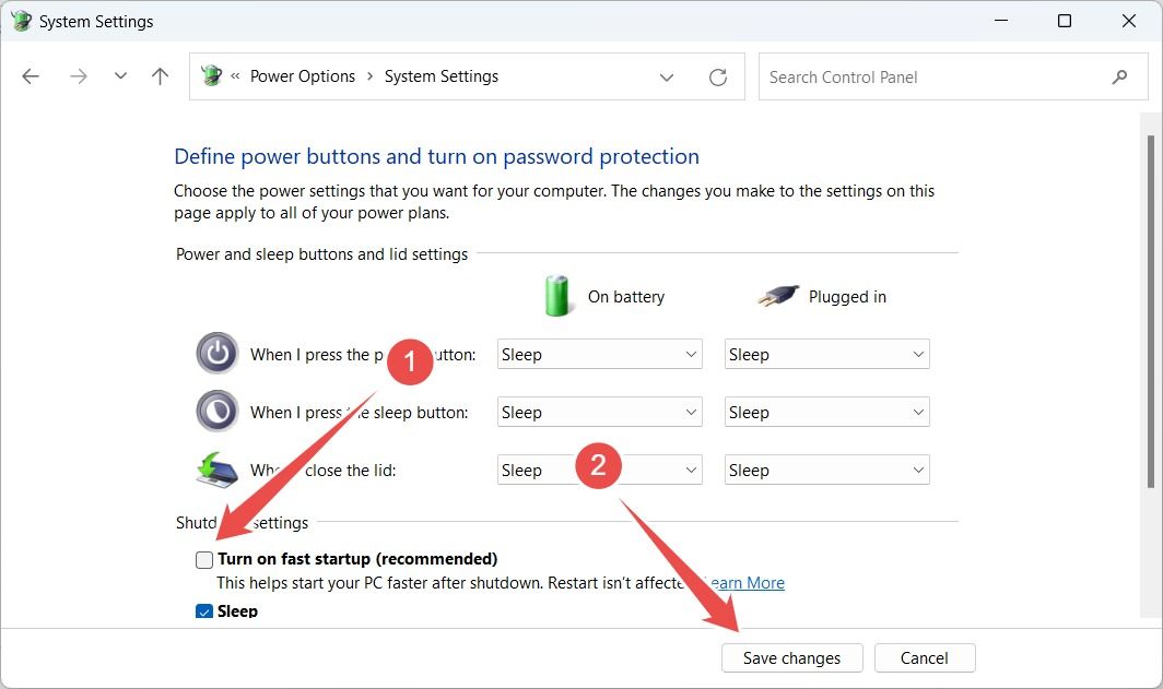 Turning on Fast Startup in Control Panel