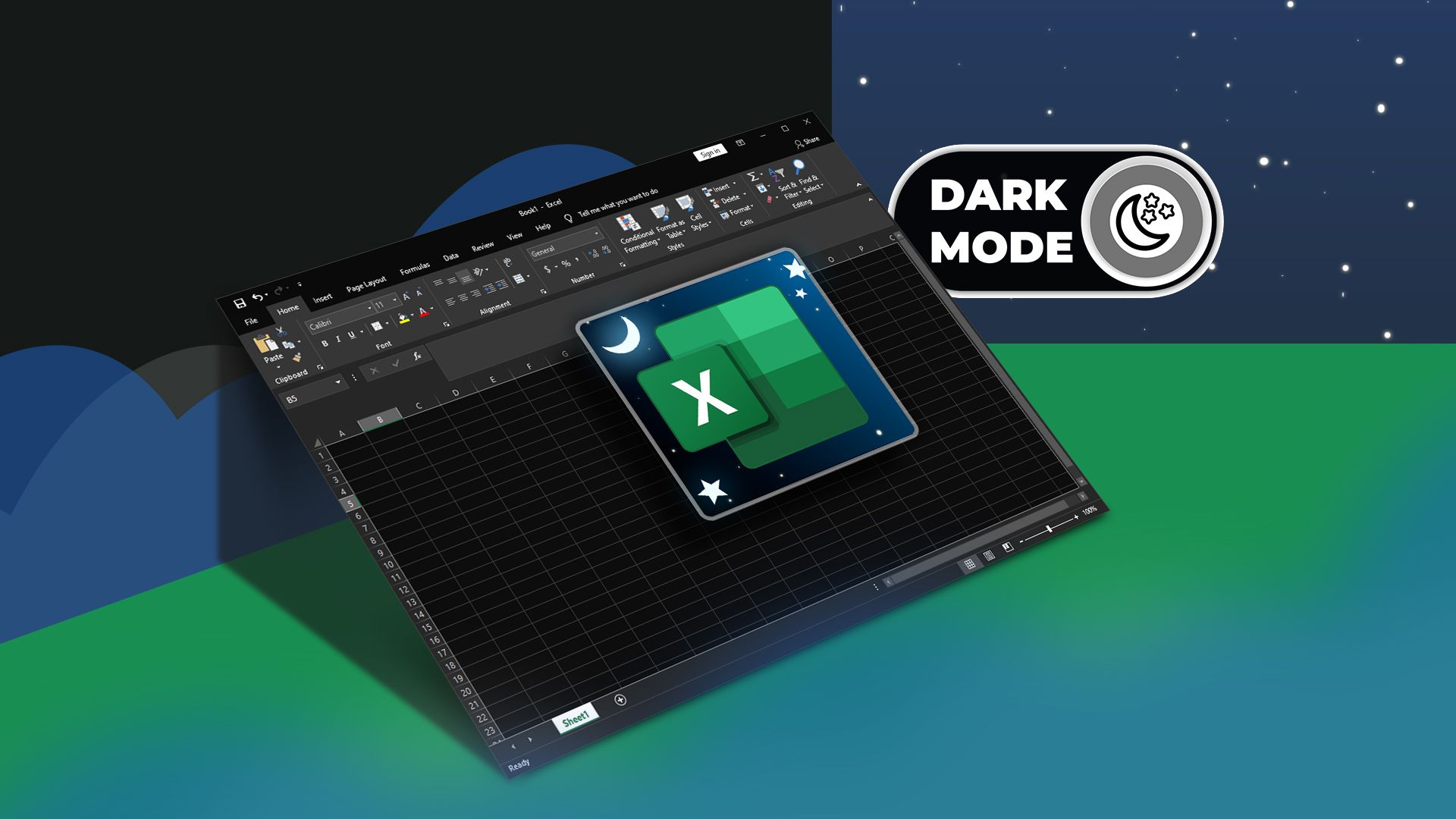 Excel in dark mode with a toggle switch turned on and the excel logo in the center.