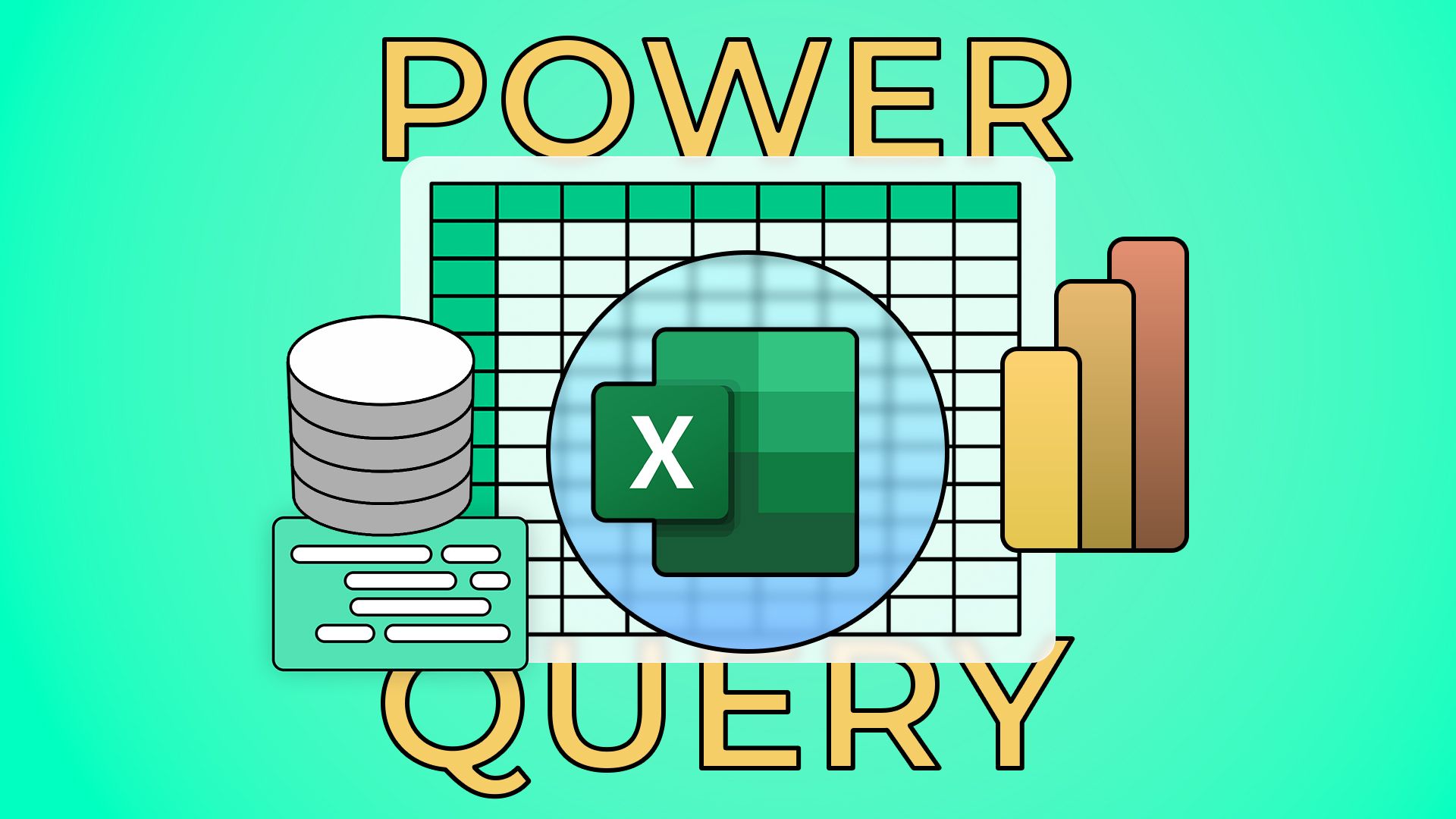 Excel logo with a spreadsheet in the background, some charts around it, and 'Power Query' written.