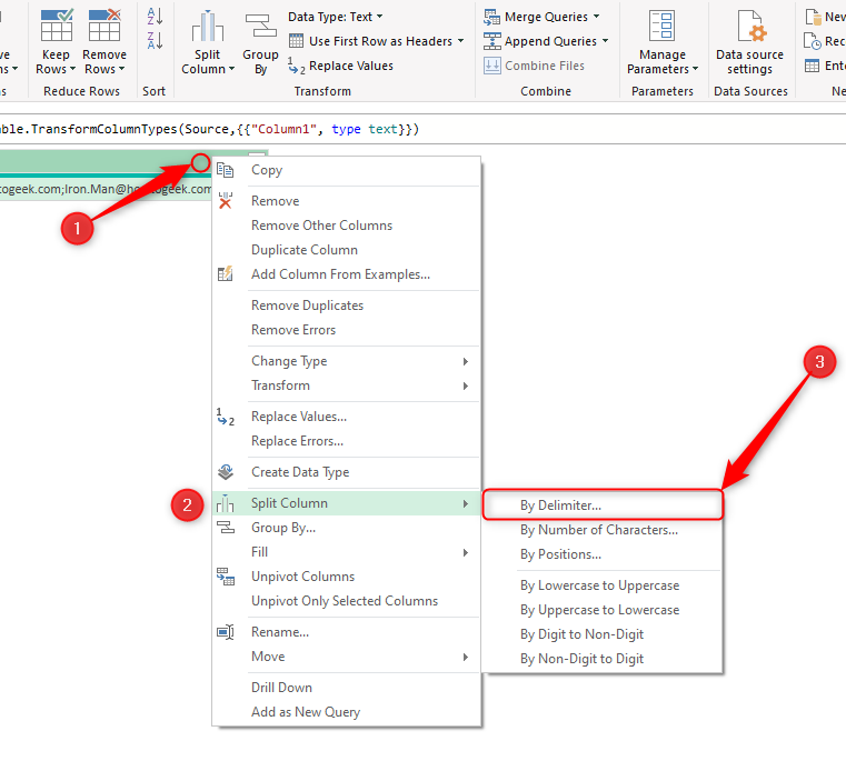 Excel's Power Query Editor, with the Split Column option selected, and By Delimited highlighted.