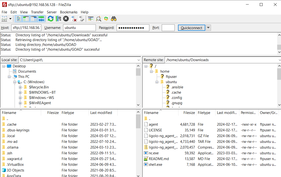 FileZilla interface showing an active SFTP connection between a Windows computer and a Linux server.