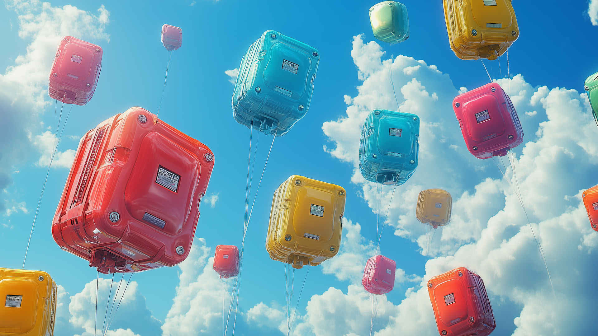 A surreal and creative image representing helium hard drives, featuring colorful helium balloons shaped like computer hard drives floating in a blue sky with fluffy clouds.