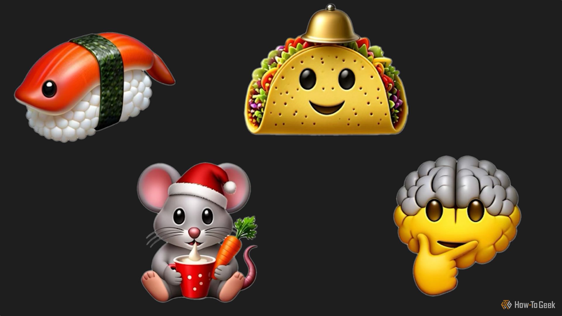 Genmoji of sushi, a mouse, a taco, and a brain.