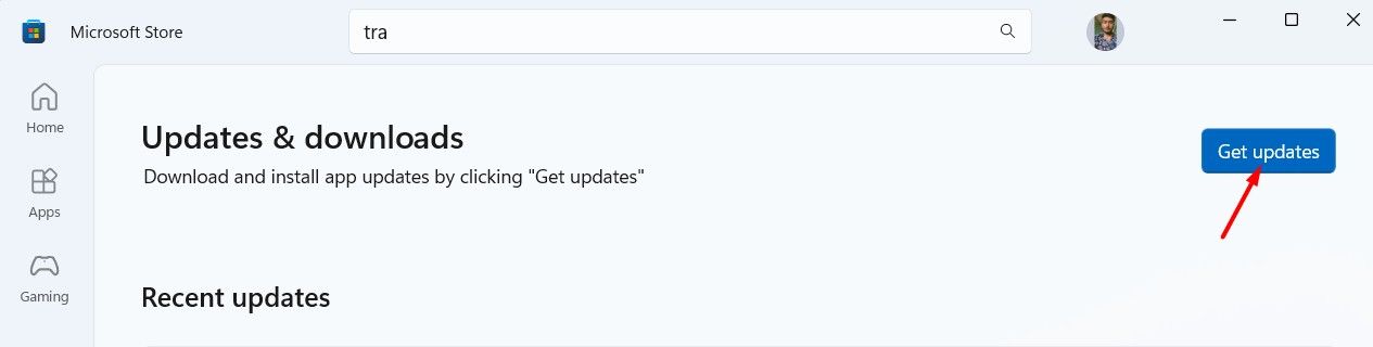 Get Updates option in the Microsoft Store.