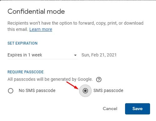 enable the 'SMS Passcode' option