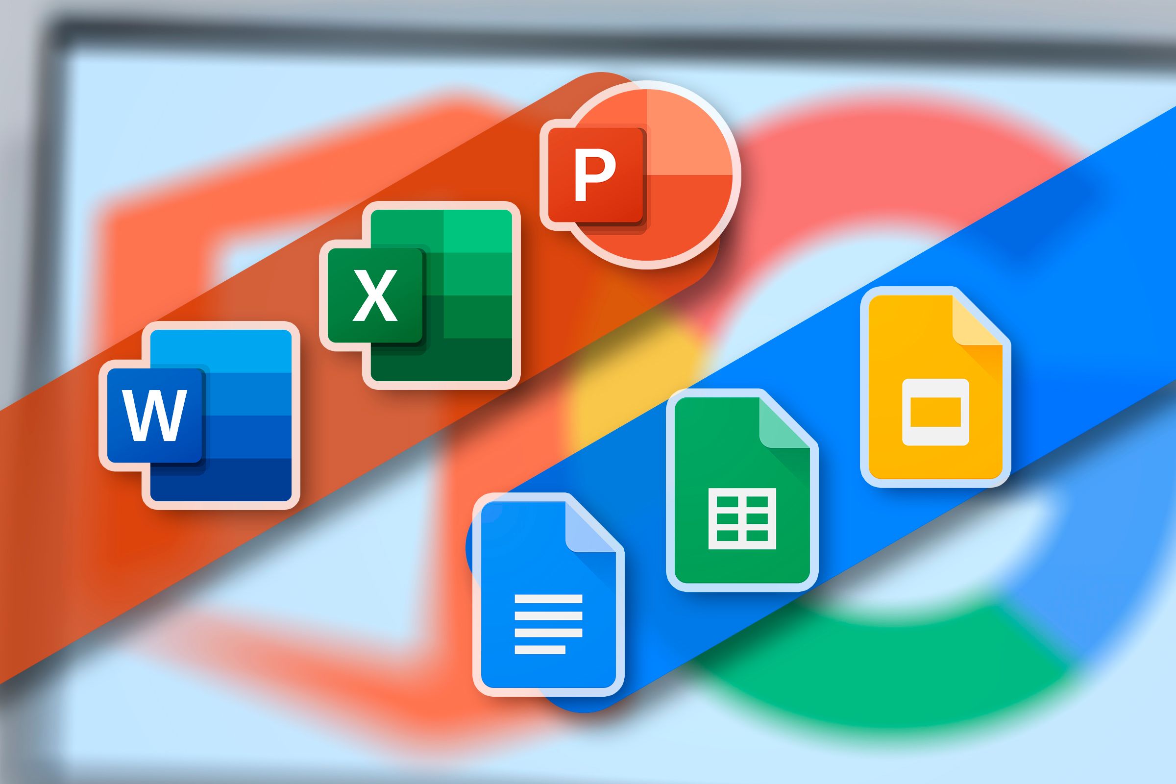 Icons of Office, Excel, and PowerPoint on the left, and Google Docs, Sheets, and Slides on the right