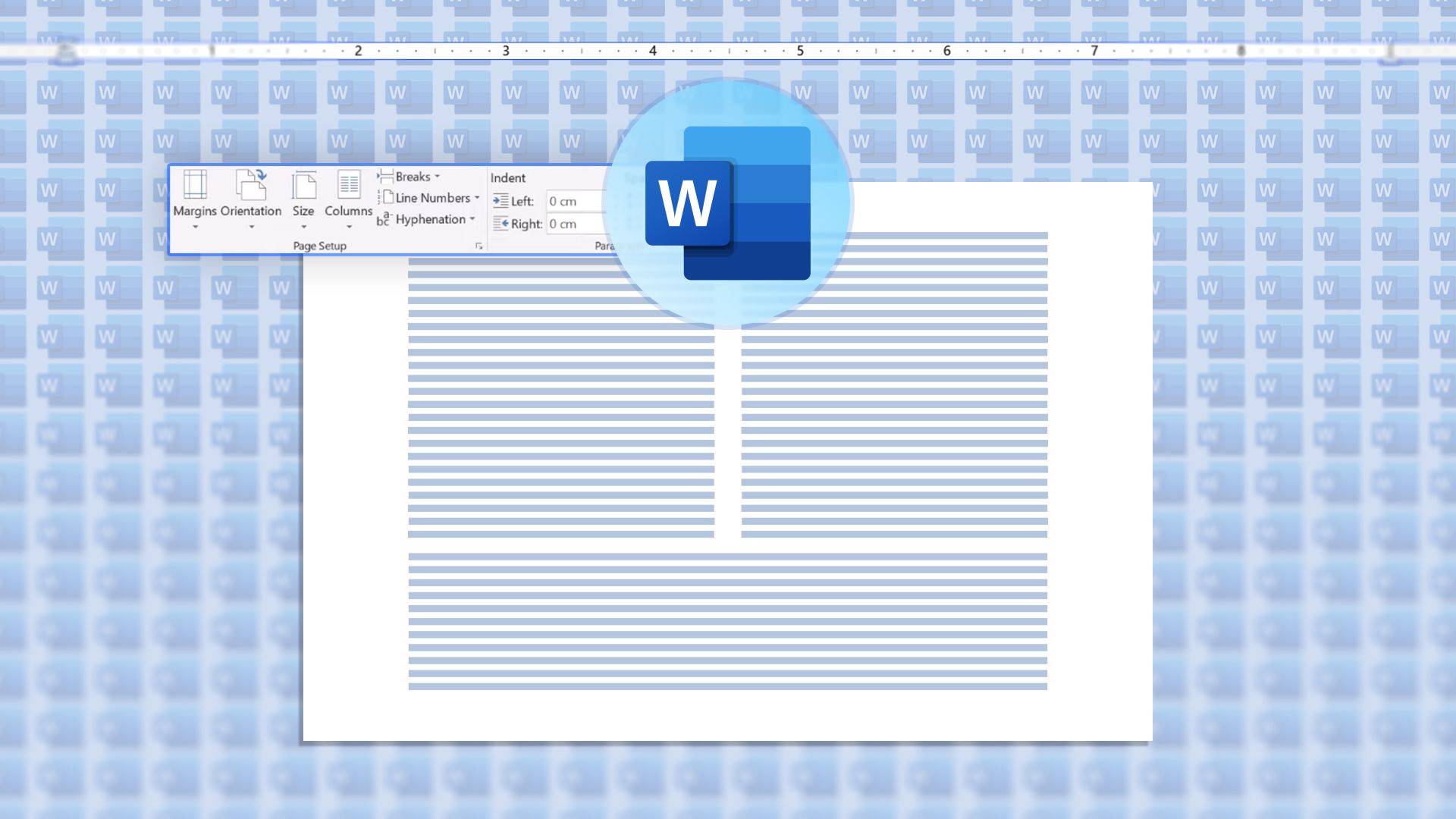 Illustration of a Word document with two columns in one section and the Word logo at the top.