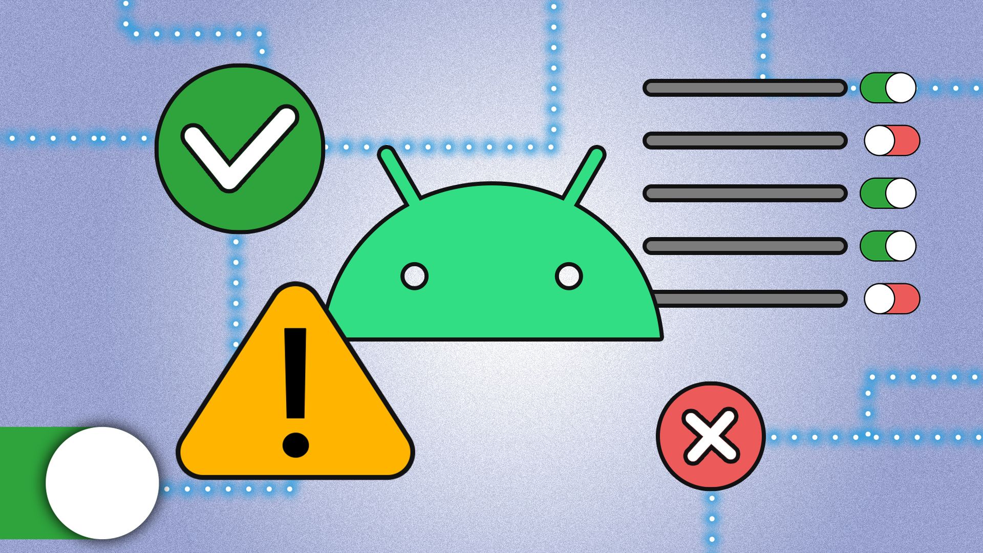 Illustration of the Android mascot with some connections and icons around it.