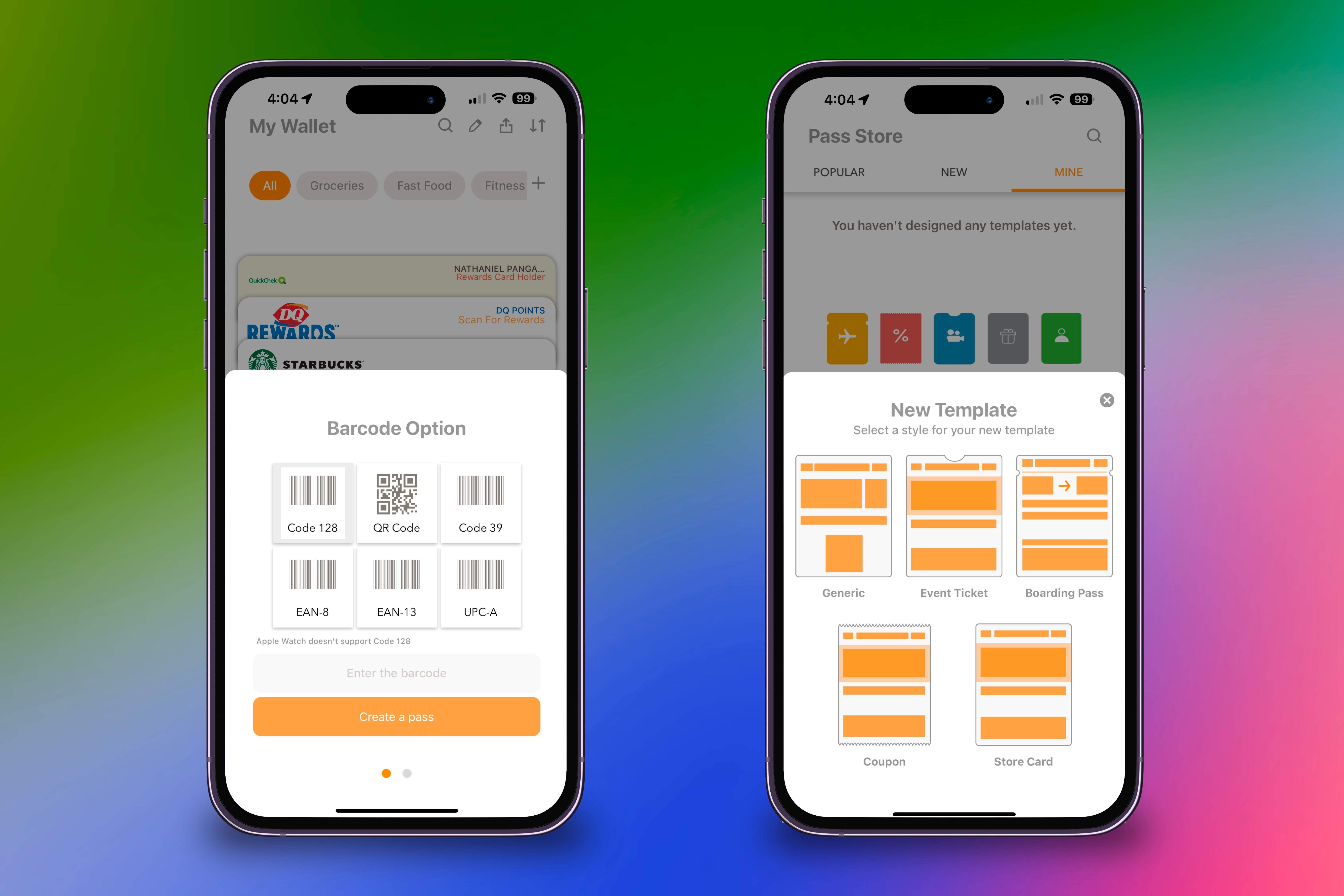 The barcode option and new template for passes in the Pass2U app on two iPhones in front of a colorful background.