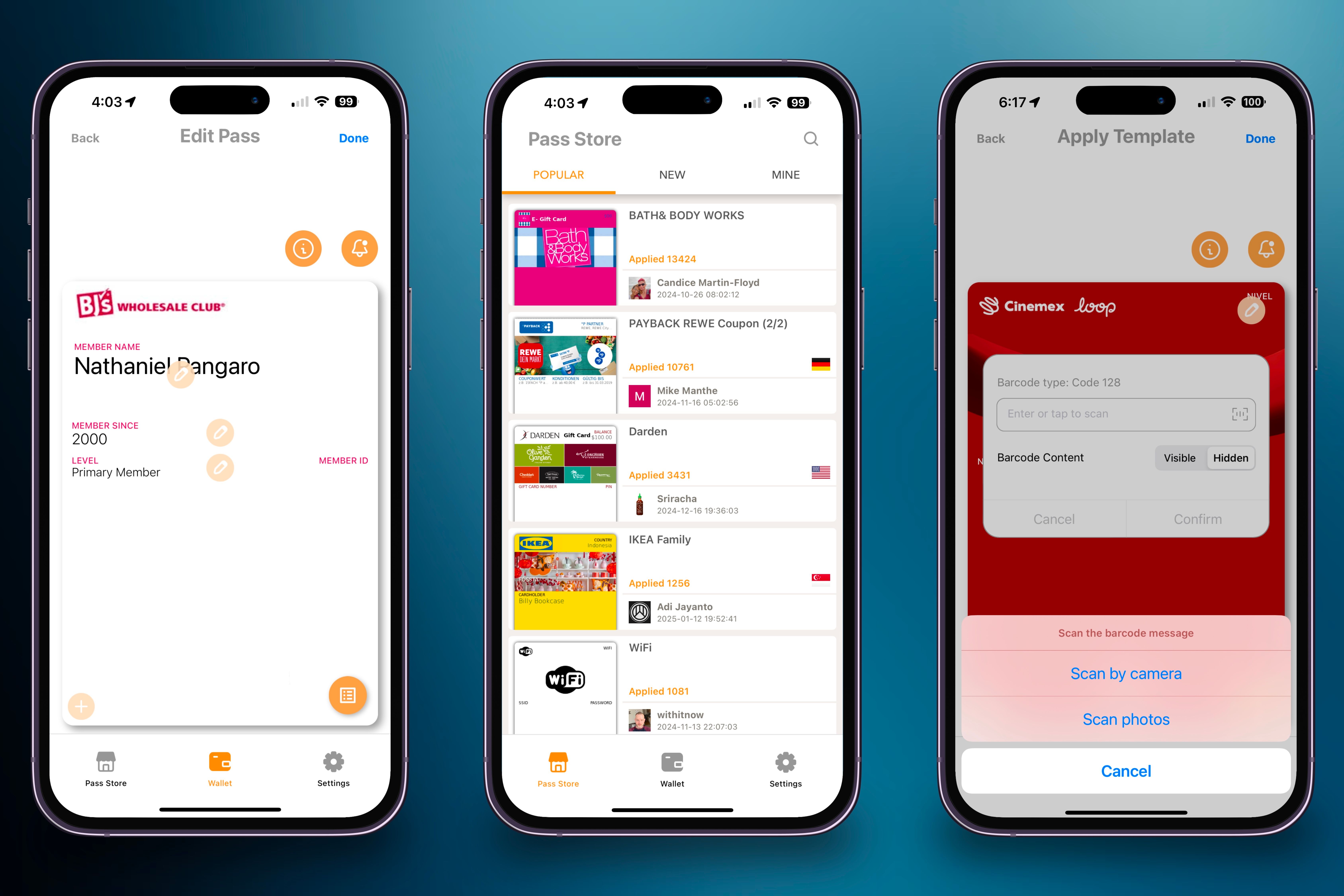 Selecting the pass you want, adding your information onto it, and importing your account's barcode message to it on three iPhones in front of a colorful background.