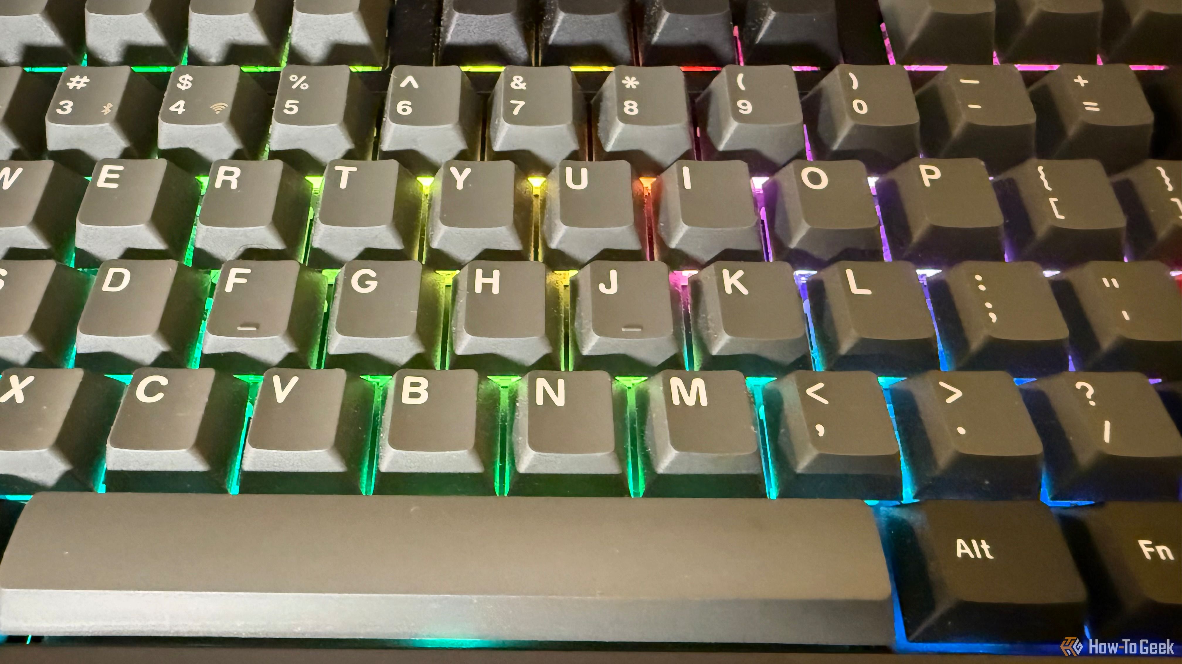 Close up of RGB lighting on Keychron Lemokey L4.