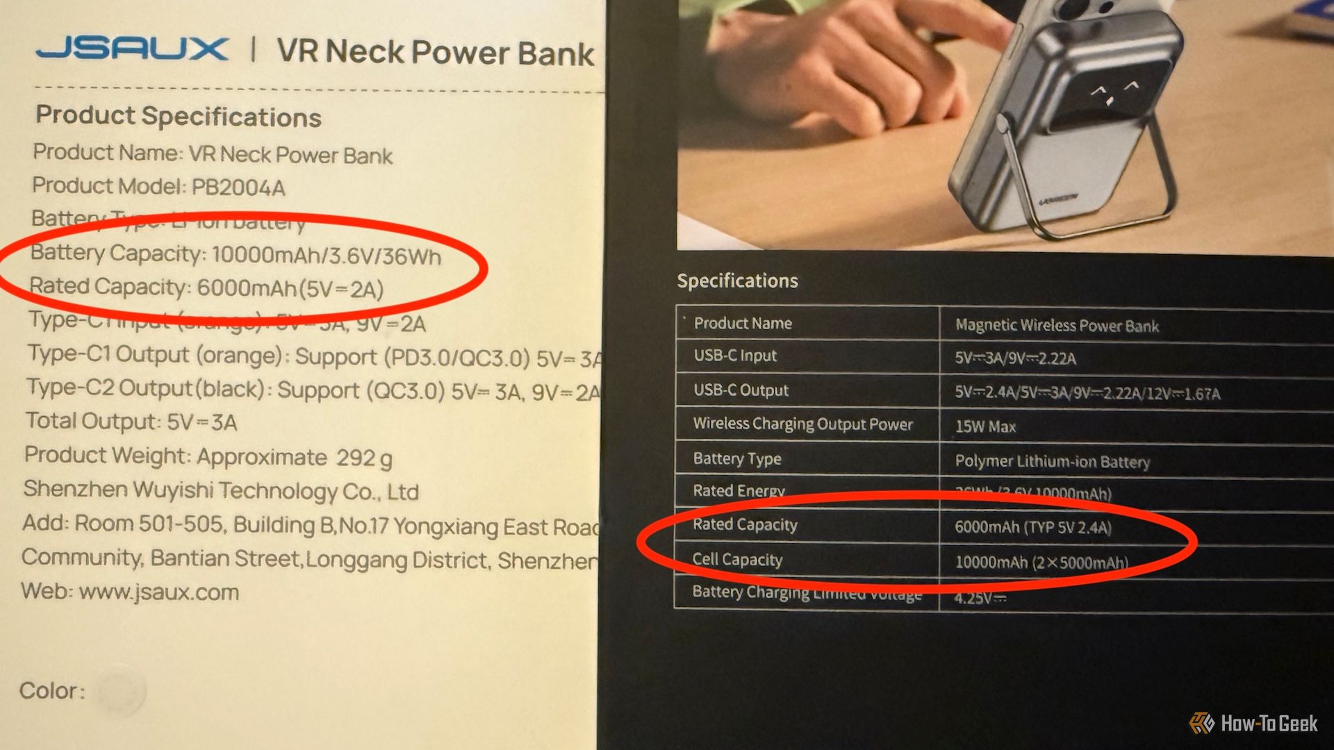 The rated capacity and cell capacity of power banks circled on two boxes.