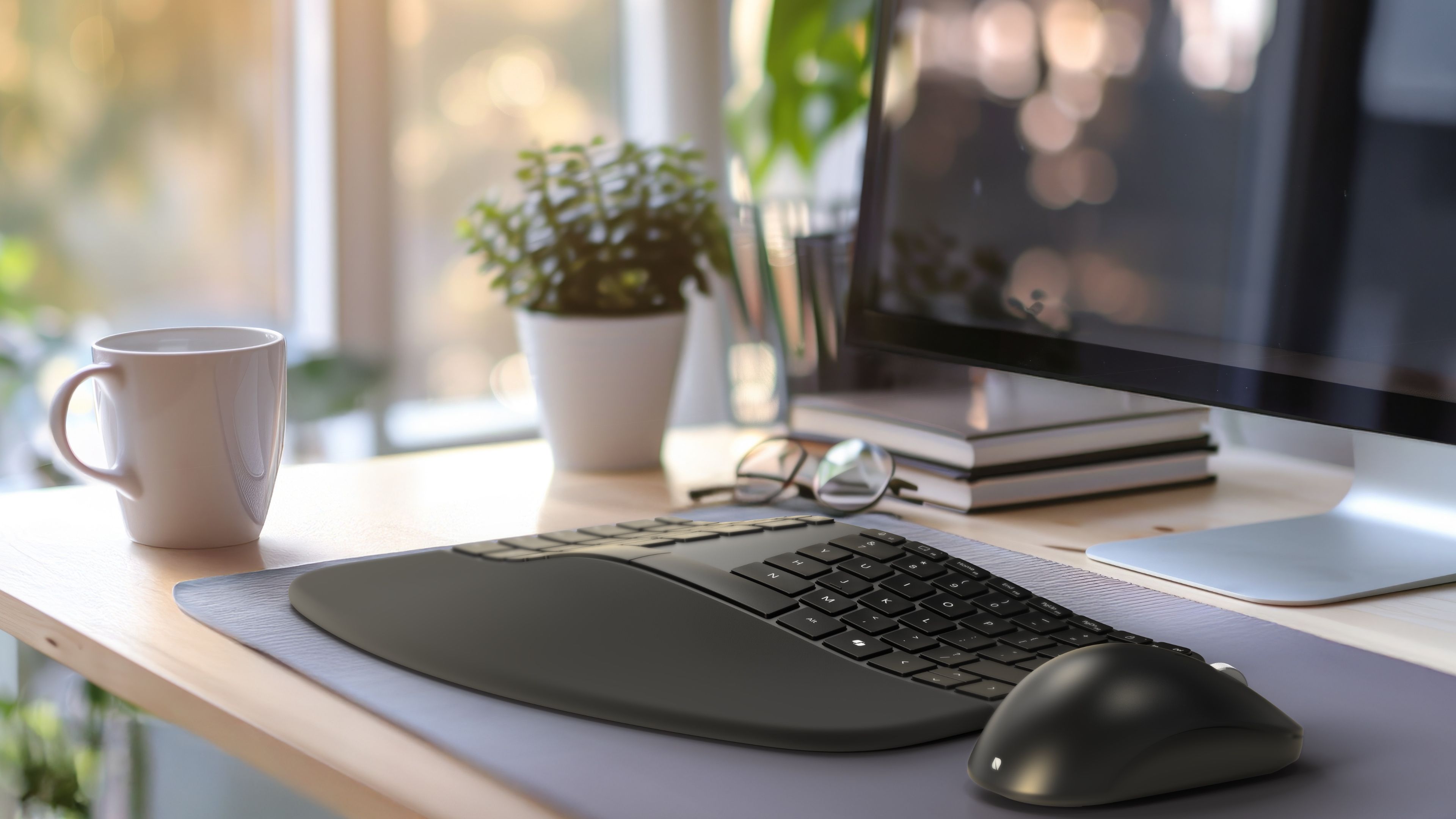 Incase's compact ergonomic keyboard on a wooden desk next to a mouse and an Apple display