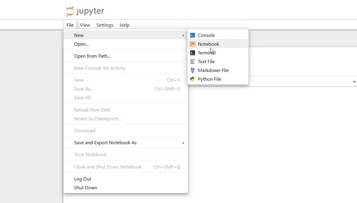 Selecting new notebook in Jupyter menu.