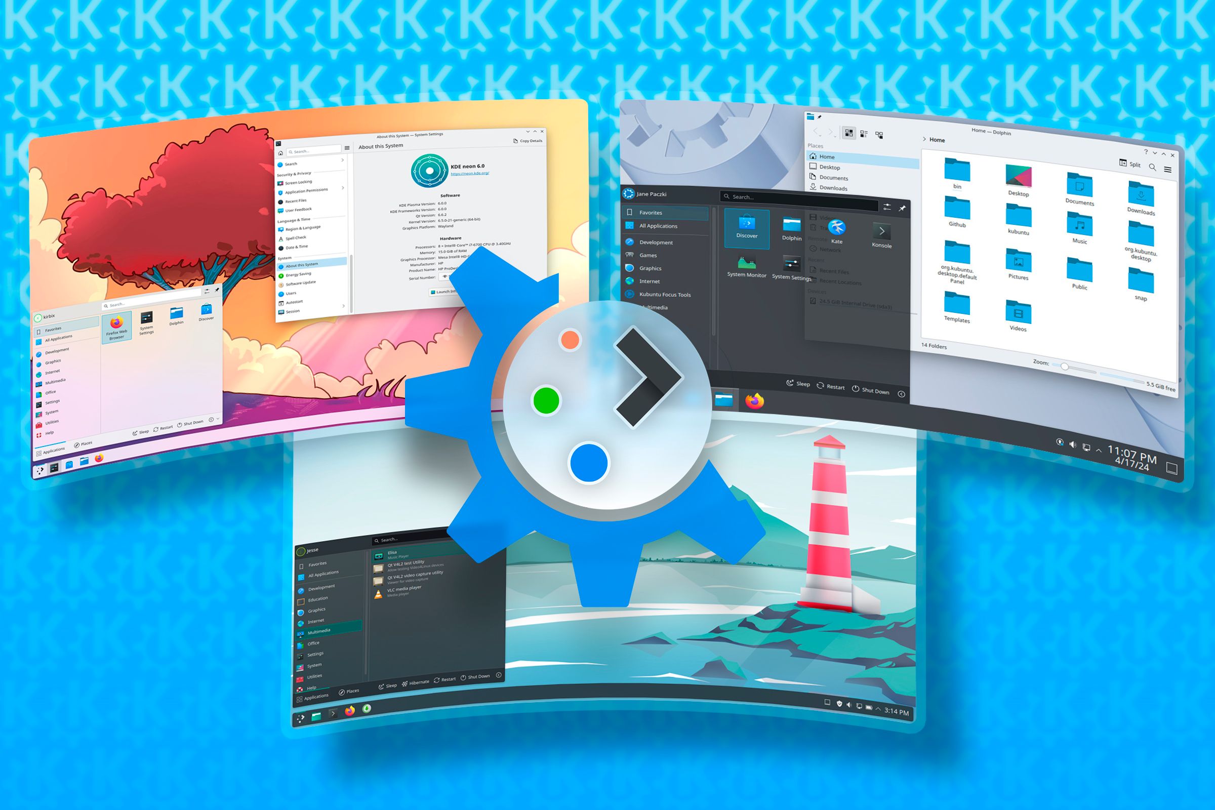 KDE Plasma logo in the center with some Linux distro interfaces in the background.