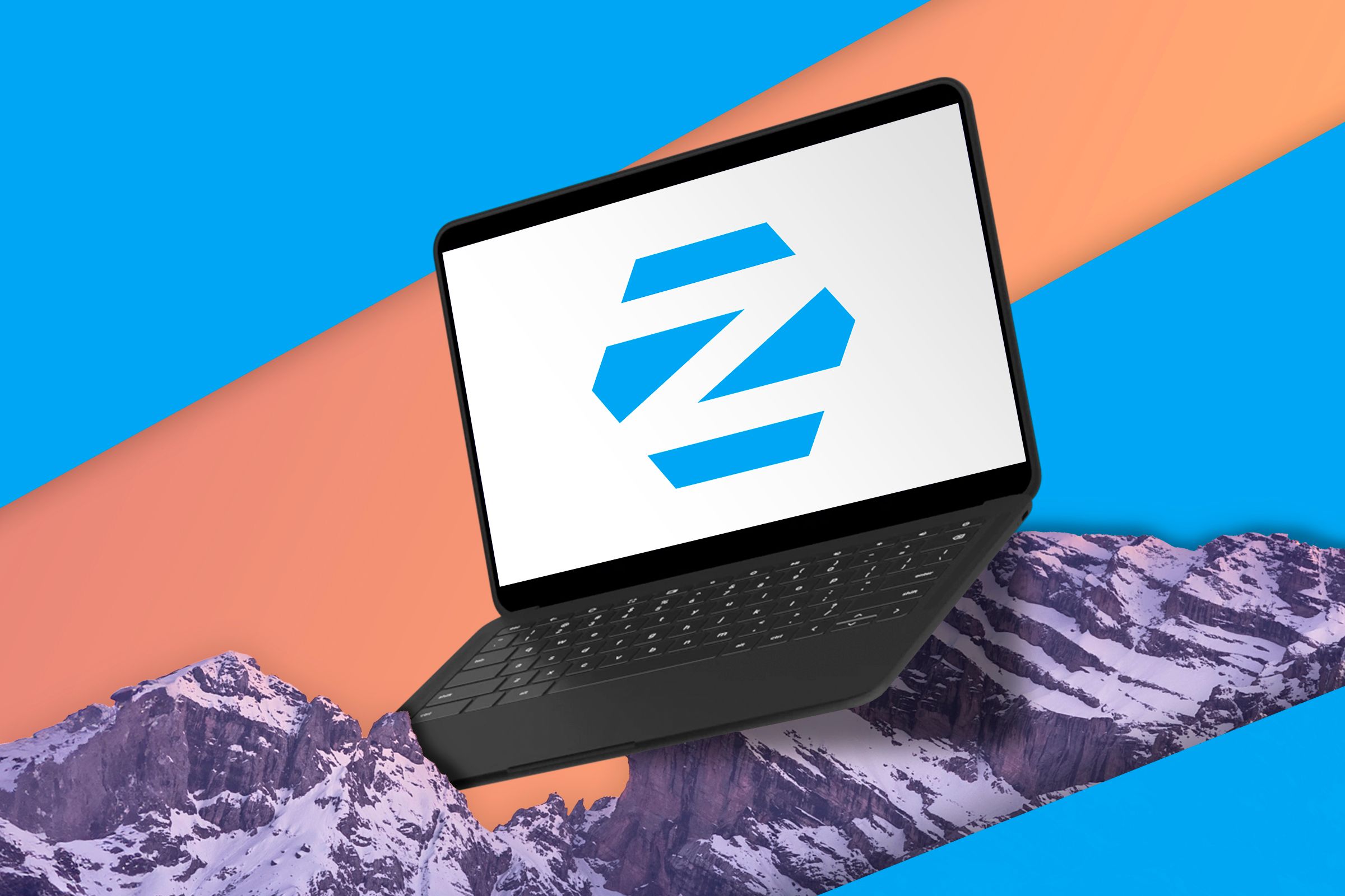 Laptop with the Zorin logo in the snowy mountains from Zorin's default wallpaper.