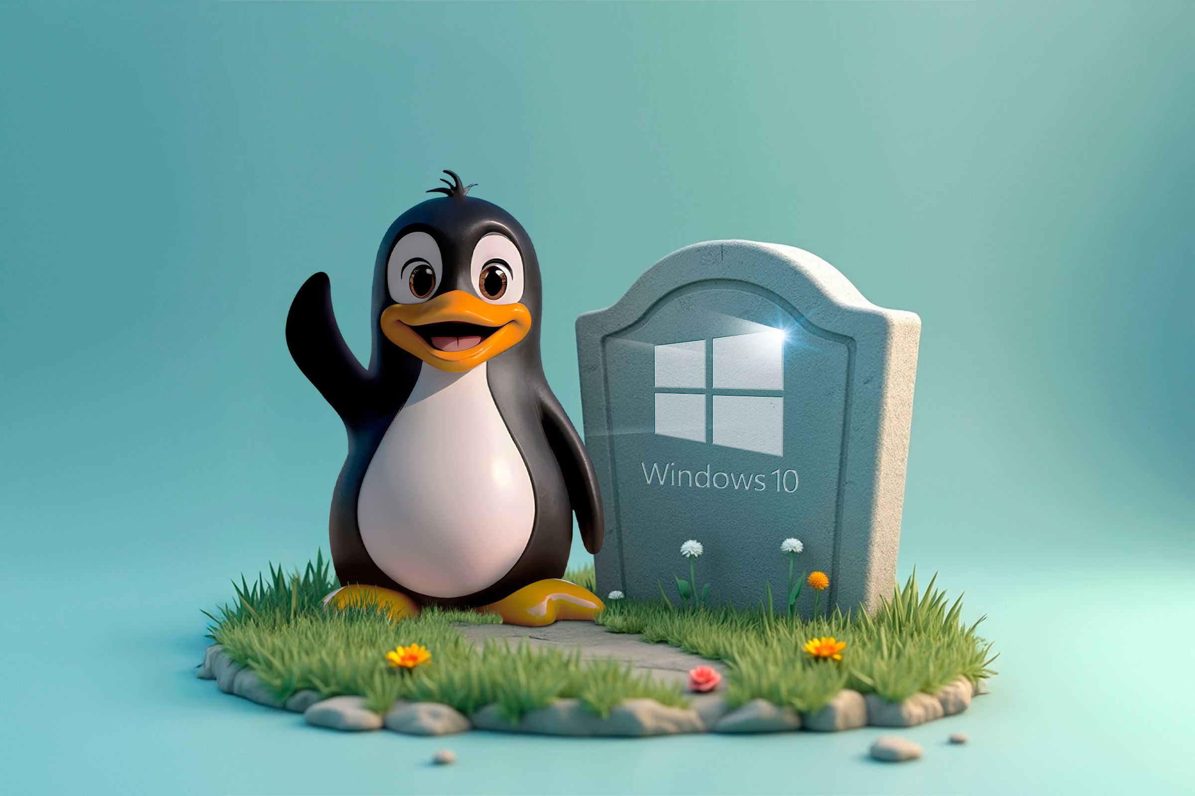 Linux mascot waving next to a tombstone with the Windows 10 logo.