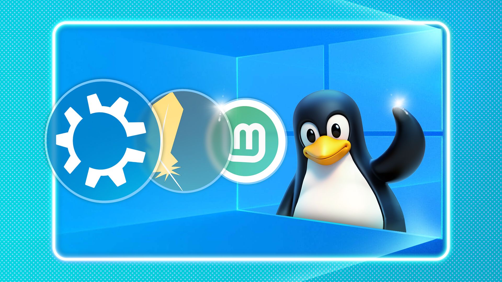 Linux mascot waving inside the Windows 10 logo with the logos of some Linux distributions in front.