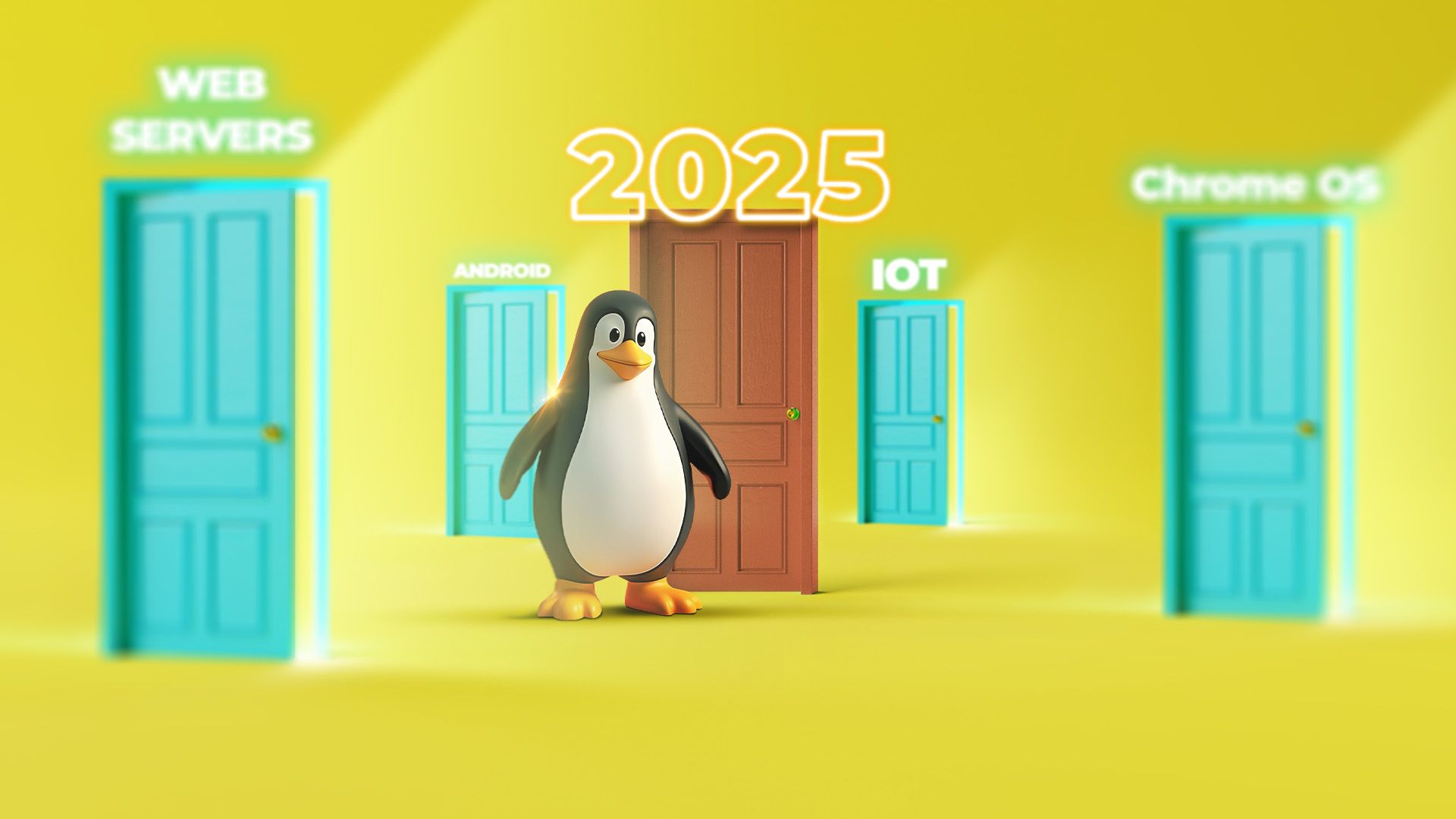 Linux mascot with several half-open doors around it and a closed door in the center labeled '2025'.